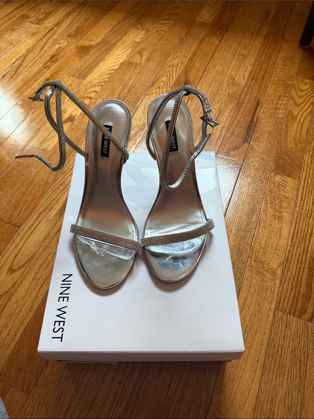 Nine West Shimmery Silver Ankle-Strap Heels